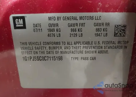 2012 Chevrolet Cruze Eco from USA, damaged, VIN 1G1PJ5SC0C7115198
